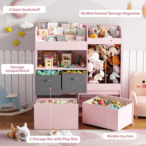 Image of 42.9'' Stuffed Animal Storage with Kids Bookshelf, Large Toy Storage with Toy Chest and Play Mat, Wooden Organization with 2 Movable Drawers, 3 Tier Bookshelf for Nursery Kids Room Playroom,Pink