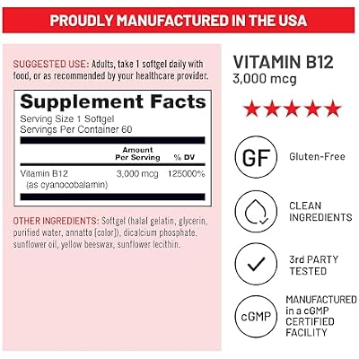NatureWise Vitamin B12 3000 mcg - Extra Strength - Supplement for Supporting Energy Levels, Mental Clarity, Nervous System Health - Easy-to-Swallow, Soy and Gluten-Free, Non-GMO - 60 Softgels