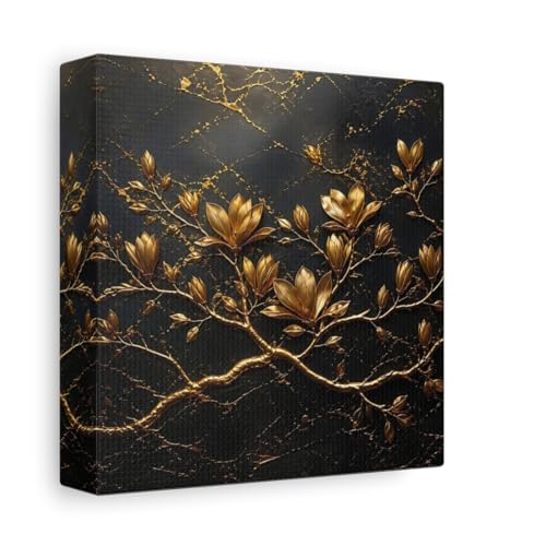 Impression sur toile de luxe Floral Golden Flowers style Gold Dark