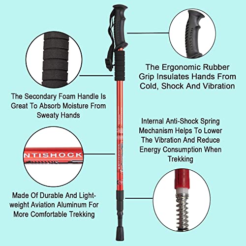Image of Trekking Poles, Collapsible Lightweight Shock-Absorbent Hiking Walking Sticks Adjustable Aluminum Hiking Poles for Women Men Kids (Red)