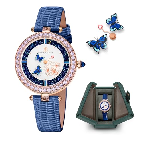 Womens Watch Butterfly Watches for Women Moving Butterflys Hands Blue and White Dial with Genuine Leather Strap Bee Watches for Women BLACK BY BLUE BRAVE Butterfly Lovers Sapphire Crystal Glass combining Cubic Zirconia Stones and 3.5mm Blue Synthetic Crystal Womens Wrist Watch