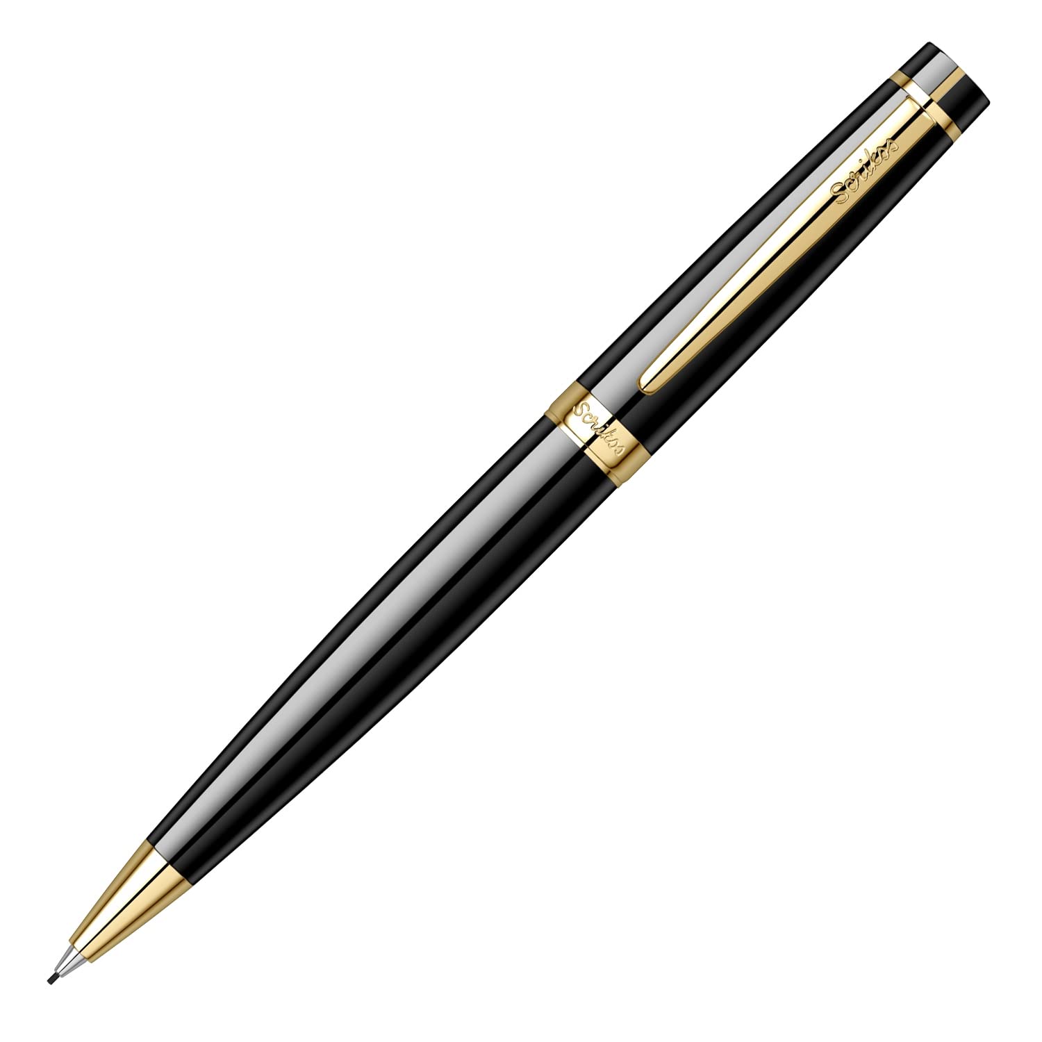 Scrikss 0,7 mm mechaniczny ołówek ołówkowy, błyszczący czarny mosiężny korpus, pozłacane wykończenia, mechanizm skręcony, seria Honor 38, nowoczesny i elegancki długopis, idealny na prezent, do użytku