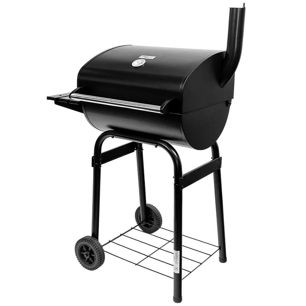 Mega-M Barbecue a carbone da giardino, con coperchio e camino, botte, termometro e portatile, ruote per il trasporto, colore: nero, 98 x 69 x 48 cm, con ripiano