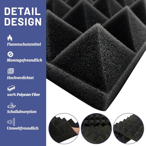 Akustikschaumstoff 12 Stück Schallschutzmatte 30 x 30 x 5 cm, Flammhemmendem Material Schallabsorber Schaumstoff für Aufnahmestudios,Gaming,Büros Schalldämmung (Schwarz)