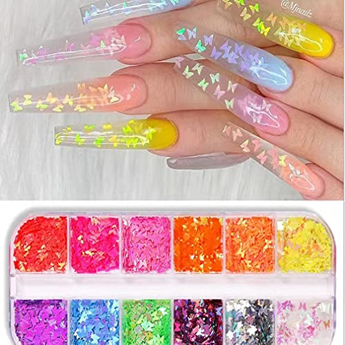 Flowornament Glitter For Nails, Chrome Nail Powder ,Nail Art Glitter Butterfly Fluorescent Glass Paper Nail Sticker Holographic Nail #TOP1