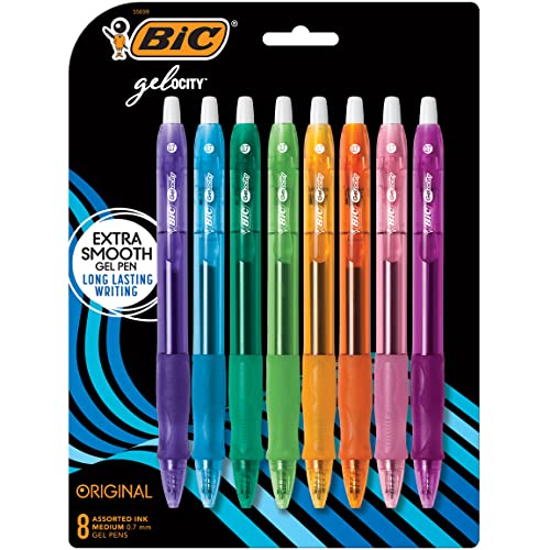 BIC Gelocity Original Assorted Fashion Colors Gel Pens, Medium Point (0.7mm), 8-Count Pack, Retractable Gel Pens With Comfortable Grip