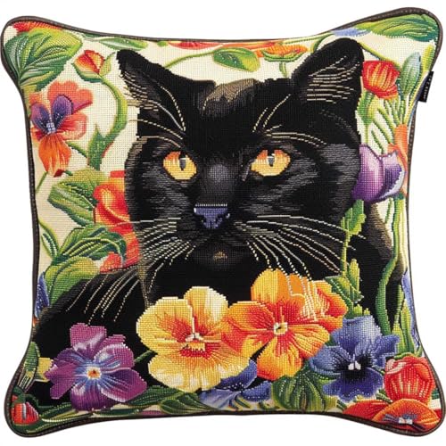 Coussin point de croix complet Chats et Fleurs 50x50cm Henypt broderie pré-imprimée 9CT pour adulte