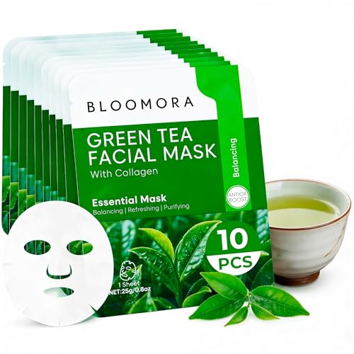 10 Pack Green Tea + Collagen Face Mask Green Tea Face Mask Skincare Set for Fresh & Balanced Skin Hydrating Sheet Formula with Moisturising Collagen for Soft & Smooth Skin