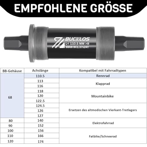 AEYINO Vierkant-Tretlager – 68/120 x 110,5 113 118 120 122,5 124,5 127 174 mm Fahrrad-BSA-Halterungen für Mountainbike/MTB/BMX/Rennrad/Fatbike