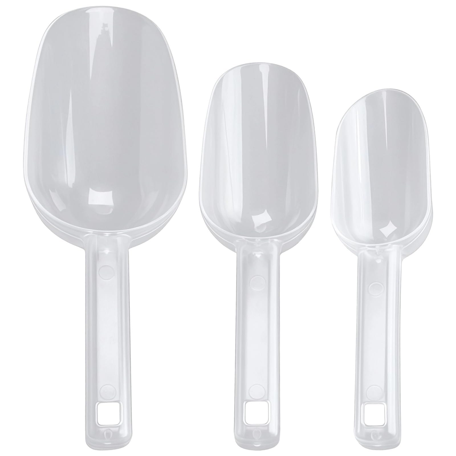 Lot de 3 cuillères à glace en plastique transparent épaissi, sans danger pour les aliments, idéales pour congélateur et seau à glace, avec poignées confortables, tailles petite, moyenne et grande
