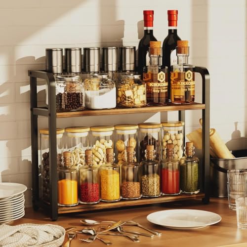 Image of Abja Novelties Kitchen Countertop Organizer, Shelf Rack For Kitchen Storage, Wooden Shelf, 2 Tier Spice, Oil Stand, Tabletop Rack For Makeup, Office (Rustic Brown, 2 Tier)