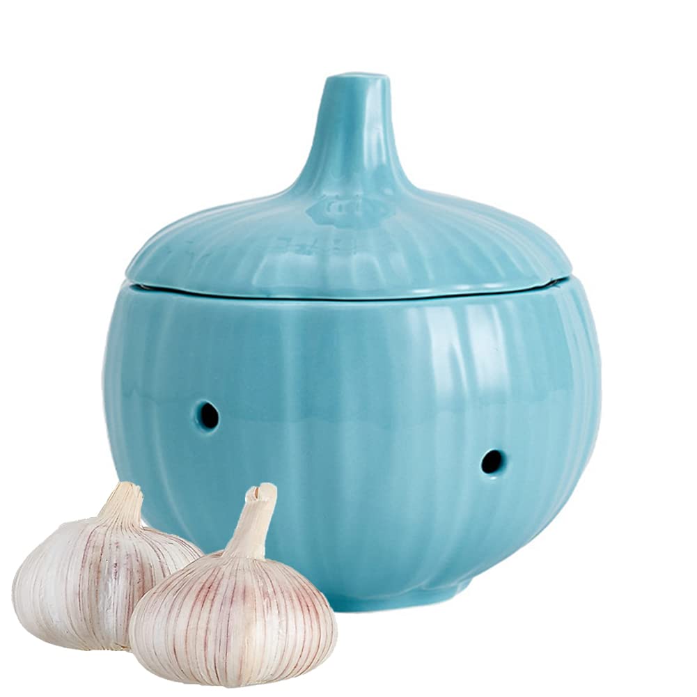 AswealCeramic Garlic Keeper Storage Container with Lid Vented Garlic Storage Pot for Kitchen Counter Decor (Blue)
