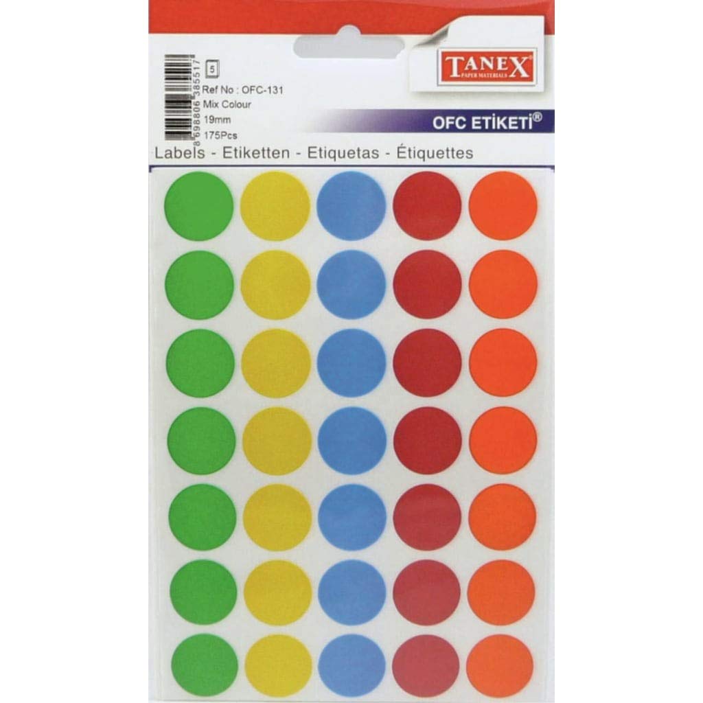 Tanex Round Adhesive Labels 19mm 35 Labels X5 Sheets Assorted Colours