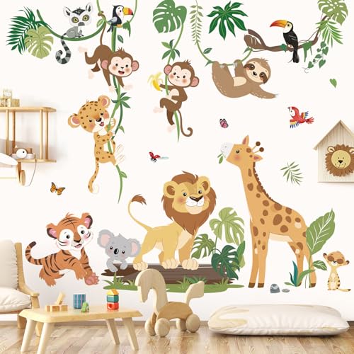 decalmile Pegatinas de Pared Animales de la Jungla Vid Vinilos Decorativos Safari Jirafa León Mono Adhesivos Pared Habitación Infantiles Niños Bebés Guardería