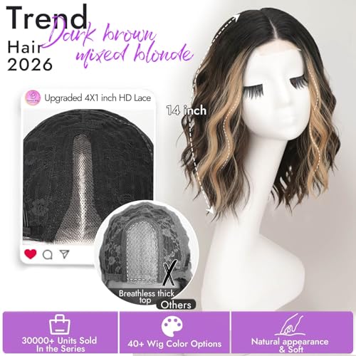 Image of Eawwii Wigs for Women Dark Brown Mixed Blonde,Short Wavy Synthetic Lace Wig | Glueless 4x1 Lace Hairline, Heat-Resistant Fiber,Bob Wave Style,Natural Appearance for Everyday Cosplay 14 Inch