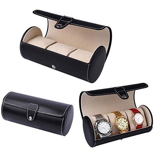 Aveson Pu Leather Roll Travel Watch Box Holder Organizer Bracelet Storage Case 3 Grid For Watches Or Bracelets, Black #TOP1