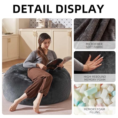 Bean Bag Chair 3Ft, Memory Foam Filled, Large Beanbag Chairs for Adults and Teens, Soft Sofa with Removable Flannel Cover, Round Couch for Living Room Bedroom College Dorm (Dark Gray, 3FT-36×36"×24") - Image 5