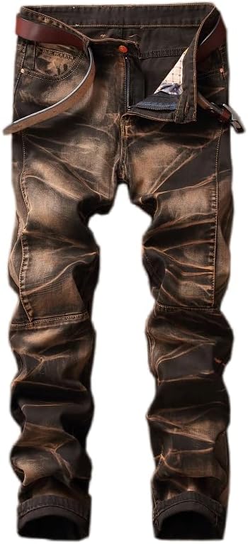 Men Vintage Ripped Skinny Jeans Biker Moto Straight Fit Jeans Fashion Hip Hop Washed Denim Jeans Pants Trousers