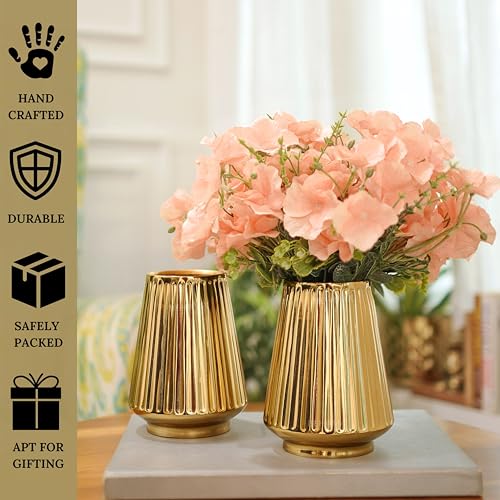 Image of BEHOMA Metal Fluted Column Flower Vase Set, Golden - Set of 2 | Modern Metal flower vase in Gold - for fresh or artificial flower displays for living room - great wedding gift