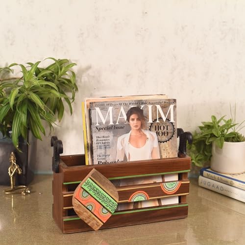 Image of AAKRITI ART CREATIONS Floral Art Wooden Magazine Holder | Hand-Painted & Teak |Storage Decoration For Hall | Magazine Holder For Bedroom, Living Room, and Entryway