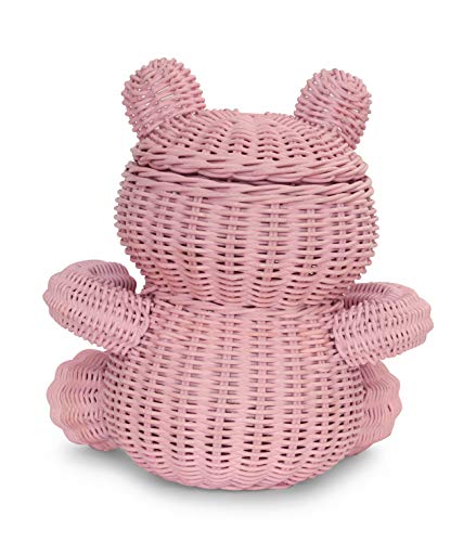 G6 Collection Large Bear Rattan Storage Basket With Lid Decorative Bin Home Decor Hand Woven Shelf Organizer Cute Handmade Handcrafted Nursery Gift Animal Decoration Artwork Wicker Bear (Pink Bear) #TOP4