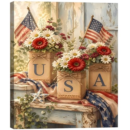 Image of Patriotic Wall Art Canvas Prints Pictures, 4th of July Americana Artwork Rustic USA Flag Floral Decor Independence Day Decorations for Home, Farmhouse Wall Decor for Living Room Bedroom Office