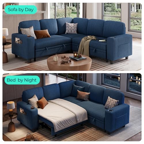 Image of LINSY HOME Sleeper Sofa Bed with Pull Out Couch Modular Sectional Sofa (Blue, Sleeper Sofa 2) | Pull Out Sofa Bed, USB Charging, Cup Holders, Plush Corduroy, Storage