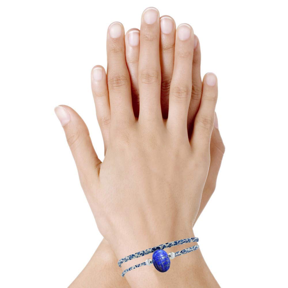 LES POULETTES BIJOUX - Pulsera Doble Turno Enlace liberty Talismán Escarabajo en Lapislázuli y Perlas de Plata 925
