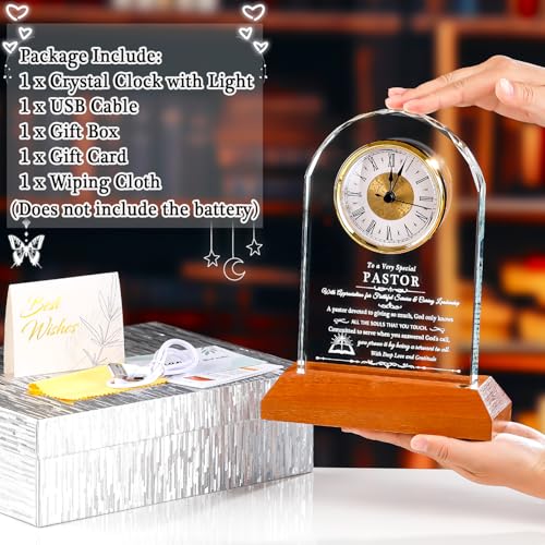 Image of Ornalrist Pastor Appreciation Gifts for Men Women Glass Clock for Best Pastor with Wooden LED Light Base Religious Thank You Keepsake for Pastors on Christmas Retirement Birthday Home Office Decor