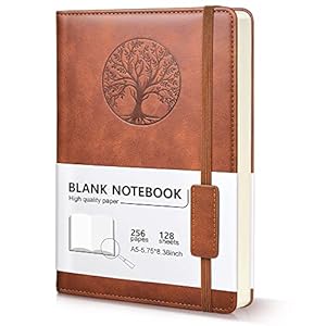 Blank Journal Notebook for Women Men, A5 Unlined Journal for Writing Sketchbook, Hardcover Leather Unruled Jouranl Notebook for Work with 256Pages Thick Paper for Writing( 5.75” X 8.38” Brown)