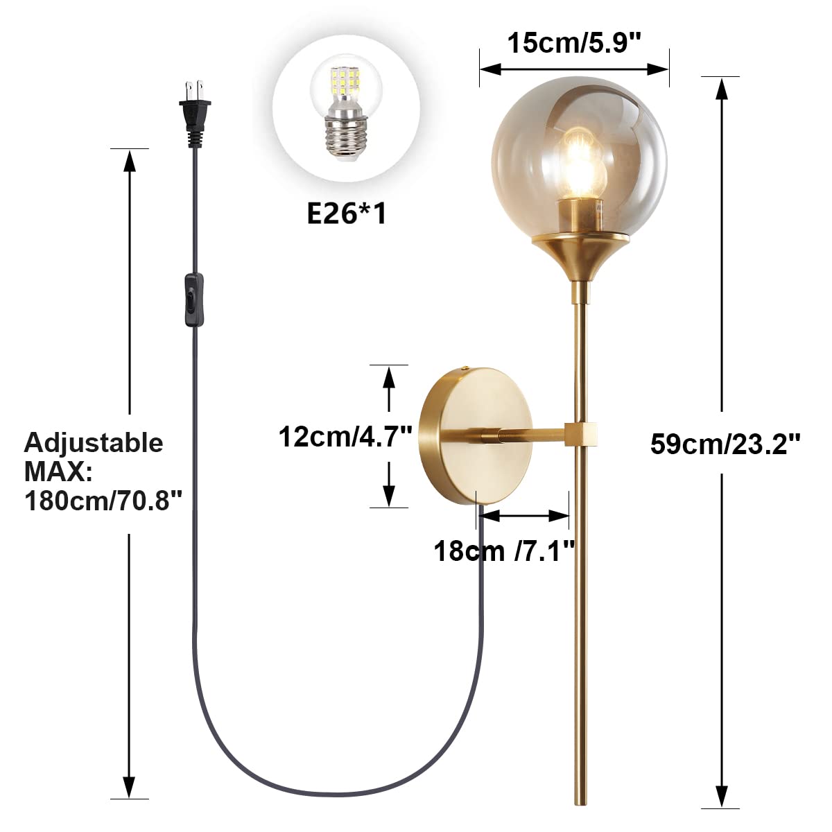 BOKT Mid Century Smoke Glass Bathroom Wall Light Plug in Set of 2 Brushed Brass Gold Long Globe Wall Sconce Lighting Plug in Cord Set of Two Industrial Wall Lamp (Smoke Gray-Plug in)