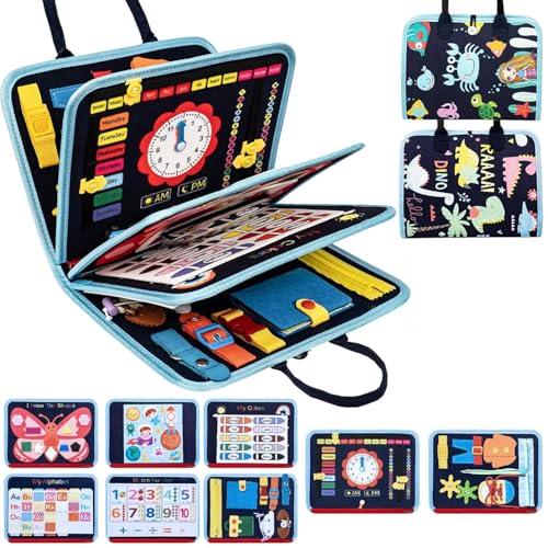 Premify Montessori Busy Board for Toddlers 3+ Years Sensory Quiet Book & Travel Toy for Airplane & Car Fine Motor Skills Activity Board with Zippers Buttons Alphabet & Numbers Educational Gift