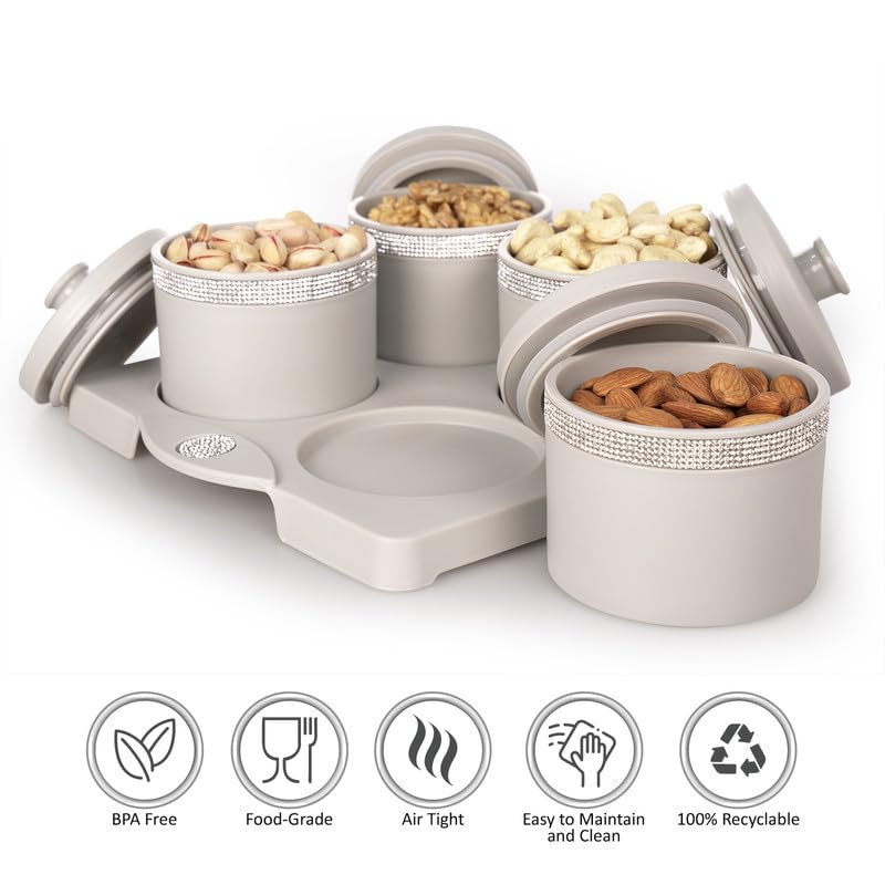 Image of Nayasa Sapphire Round Dry Fruit, 4 pcs Container Serving Tray Set | 450 ML Each | Multipurpose Serving Set | Premium Design | BPA Free | Food Grade | Air-Tight Lid | Snack Organizer Tray | Grey