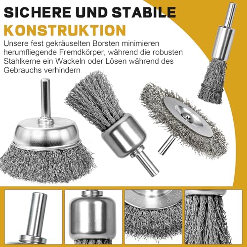 SBGGRL Drahtbürste Für Bohrmaschine mit 6mm Schaft, 9 Stück grob gewellter Karbonstahl-Schleifscheibenaufsatz Akkuschrauber Drahtbürstenaufsatzber für Polier Schleifen Entrosten Entgraten Farbe