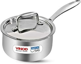Vinod Platinum Triply Stainless Steel Saucepan with Stainless Steel Lid 3 litres Capacity (20 cm Diameter) with Riveted Handle - Silver (Induction and Gas Stove Friendly)