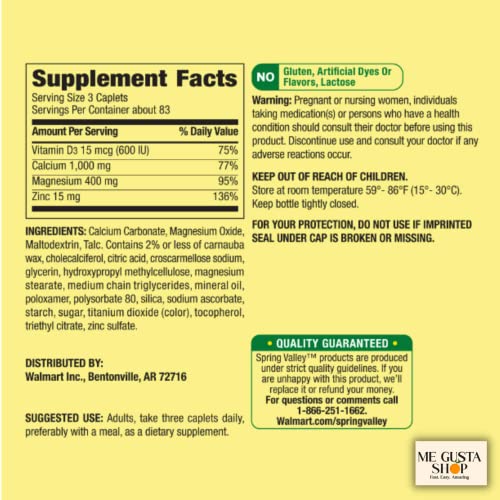 Spring Valley Calcium, Magnesium & Zinc Plus Vitamin D3 Coated Caplets, 250 Count (Pack Of 2) 500Count Total + Me Gustas Stickers #TOP2
