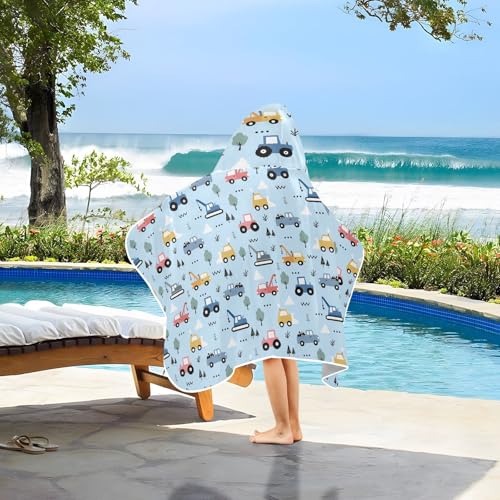 Image of Cartoon Car Hooded Beach Towel for Kids, Kids Bath Hooded Towels for Boys Girls, Super Soft Absorbent Bathrobe with Hood for Swin Pool 50 inchx23.5 inch