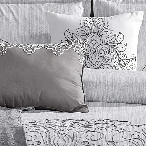 Sapphire Home Luxury 8 Piece King/California-King Comforter Set With Shams Cushions And Throw, Modern Light Gray Damask Pattern, Bed Cover Bed In A Bag, (21620, King/Cal-King) #TOP6