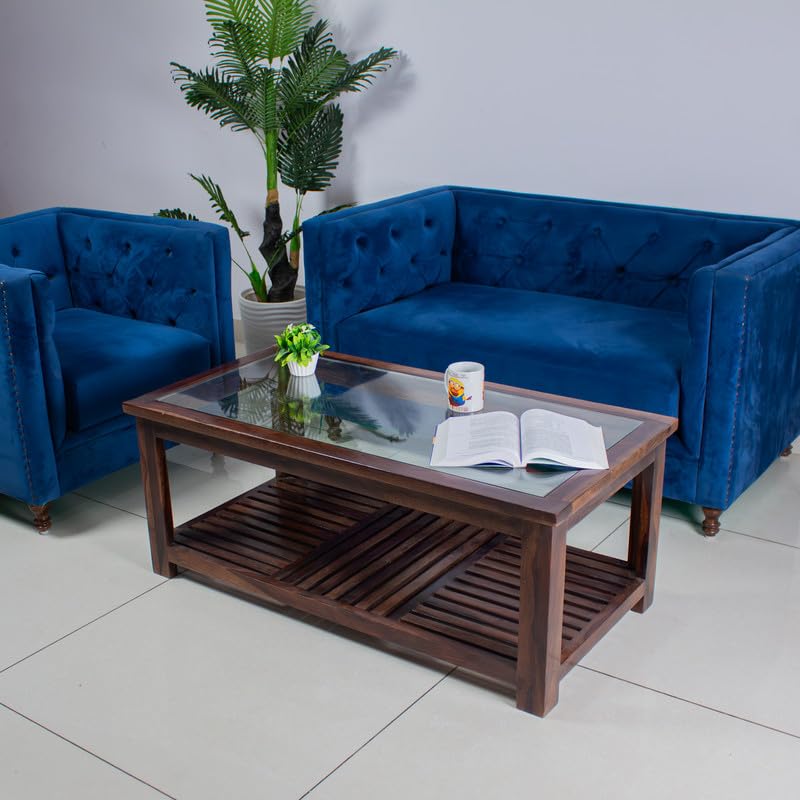 Image of Sheesham Wood Coffee Table with Storage Wooden Tea Table with Glass Top for Living Room Home Office Furniture Solid Wood Teapoy (Walnut Finish)