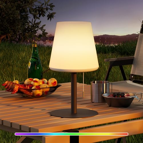 sailsco Lampara de Mesa Portatil Inalambrica de USB Recargable,3600mAh Brillo Ajustable 3 Temperaturas Color+RGB, Interruptor de Cordón,Impermeable para Restaurante Dormitorio Camping Estudio