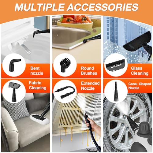 Image of Handheld Steam Cleaner, Pressurized Multi-Purpose Natural Steamer with 12 pcs Accessories, Steamer for Cleaning Car, Countertop Bathroom, Shower, Upholstery, Couch, Tile Grout, Window, Grease