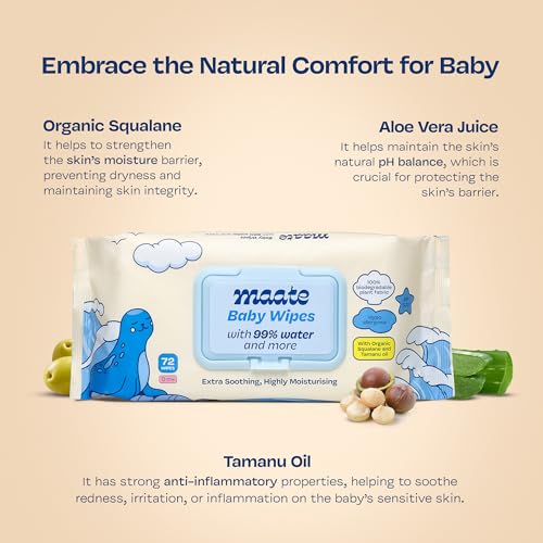 Image of Maate Baby Wipes (Pack of 6, 432 Wipes) | Soothing & Hypoallergenic | Infused With Plant Squalane, Tamanu Oil & Aloe Vera | & Hydrating | Wipe for Baby's | Paraben & Sulphate Free