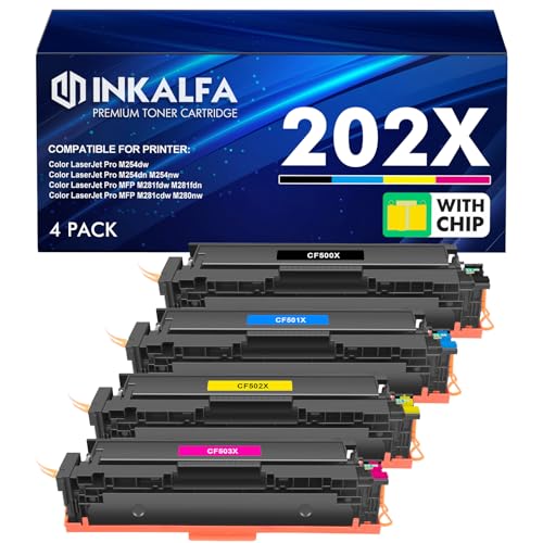 202X Toner 4 Pack High-Yield Replacement for HP 202X 202A CF500X CF501X CF502X CF503X for HP Color LaserJet Pro MFP M281fdw M281cdw M254dw M281fdn M281 Printer Ink Black Cyan Yellow Magenta with Chip by inkalfa - Used condition - CA$136.84