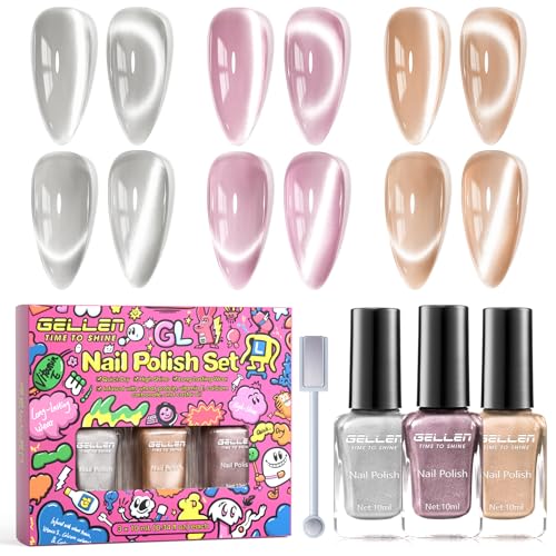 GELLEN Quick Dry Cat Eye Nail Polish Kit, Christmas Gift for Women, Pink Silver Champagne Color Magnetic Fingernail Polish, Fast Drying Glitter Nail Lacquer Non Gel with Magnet Tool, DIY Salon Home