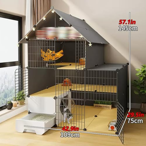 Maison chat intérieur avec litière fermée et parc de jeu sécurisé