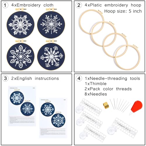 Image of Armindou Christmas Embroidery Starter Kits for Beginners Adults, Winter Snowflake Hand Embroidery Needlepoint DIY Kits, Christmas Stamped Cross Stitch Kits for Beginners Adults, 4 Set Embroidery Hoops