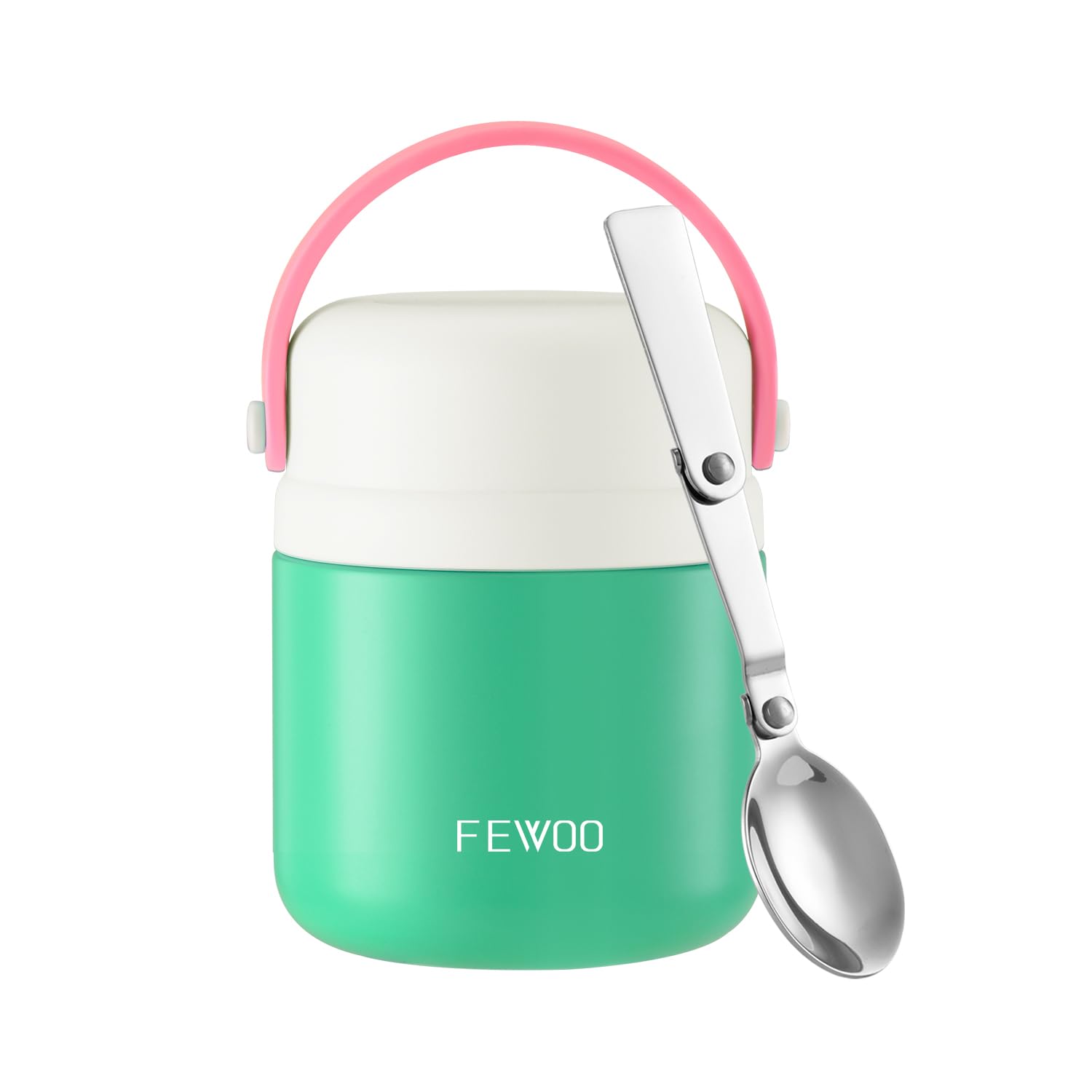 FEWOO Food Jar, 13.5oz Insulated Lunch Soup Container for Hot Cold Food for Kids Adults, Leak Proof Vacuum Stainless Steel Lunch Box with Folding Spoon for School Travel Outdoors (Pink-Green)