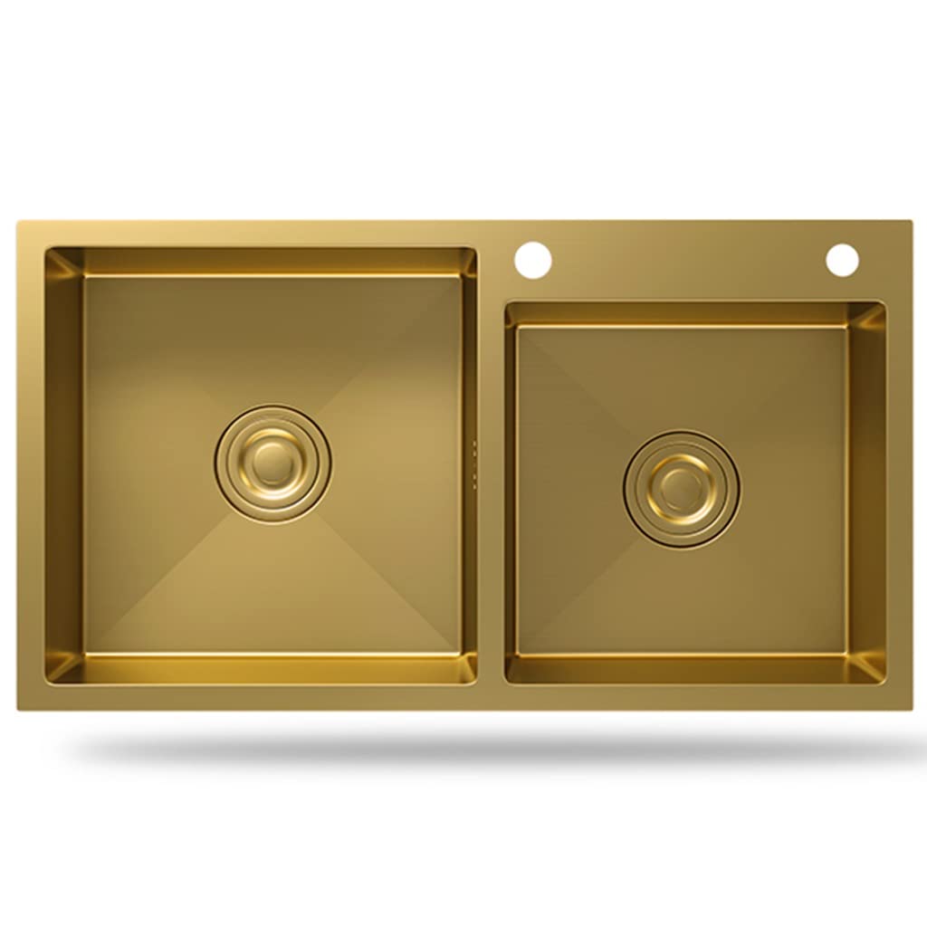 WIQUYBML Kitchen Sinks Golden ​Bar Prep Sink, Gold 304 Stainless Steel Deep Double-bowl Sink Basin, Drop-In Or Undermount Installation (Color : Gold, Size 72x40cm)