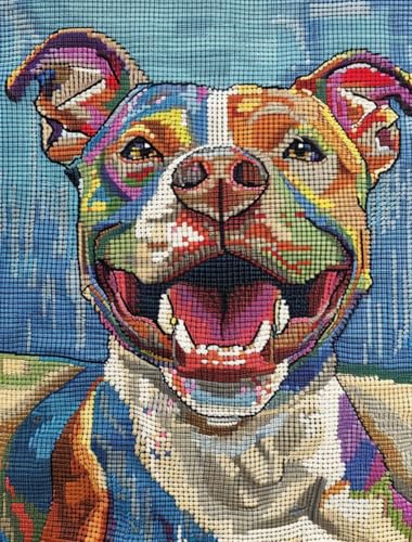 Image of Yellow Pitbull Dog Smile DIY 11CT Stamped Cross Stitch Kits for Beginners Easy Needlepoint Embroidery Counted Cross Stitch Art Craft for Wall Decoration 12x16inch(2)