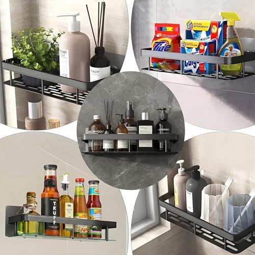 Image of 2-Pack Multipurpose Bathroom Organiser Without Drill Shelf Rack Wall Mounted for Space Saving Bathroom Organizer Shelf, Punch Free /No-Drill Wall Shelves, Wall Stand (Black, Pack of 2)